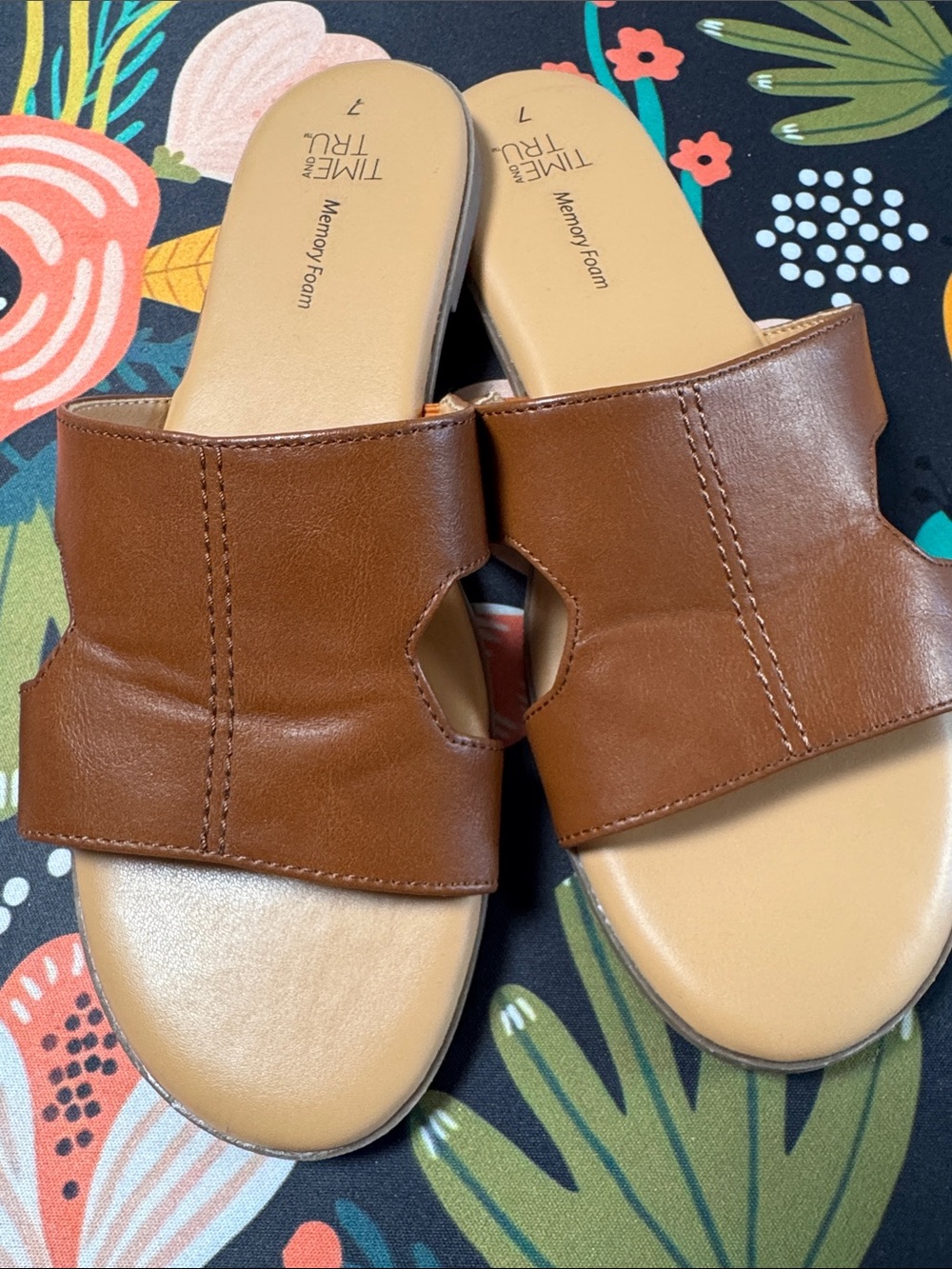 Time and Tru Tan Slide Mules with Cutout Detail
